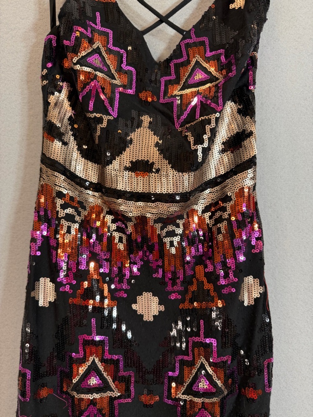 Sequin Mini Dress Size 1 Black Pink Geometric Aztec Strappy Party - Picture 3 of 15